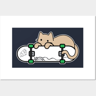 Cat and Skateboard Skateboarding Shy Cat Mouse and cheese Posters and Art